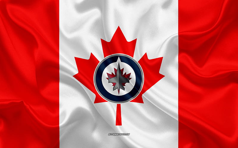 Winnipeg Jets logo, emblem, silk texture, Canadian flag, Canadian hockey club, NHL, Winnipeg, Manitoba, Canada, USA, National Hockey League, Hockey, silk flag, HD wallpaper