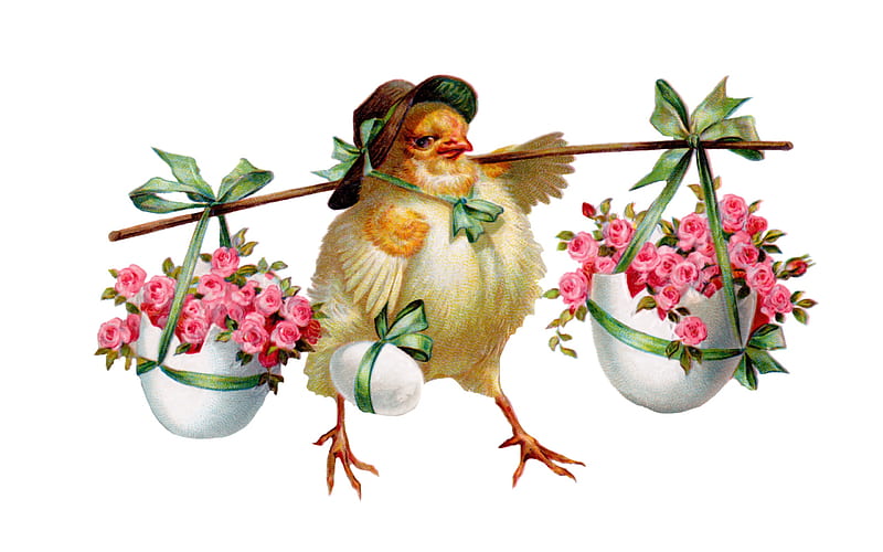 Happy Easter!, chicken, hat, card, cute, egg, green, flower, white, pink, vintage, HD wallpaper
