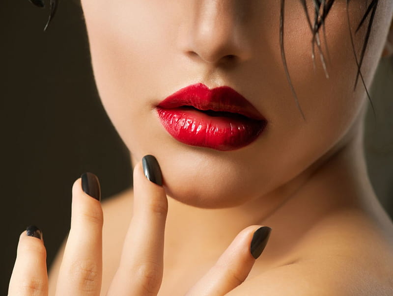 Kiss Me Again, black nail polish, sensual, red lipstick, lips, HD wallpaper
