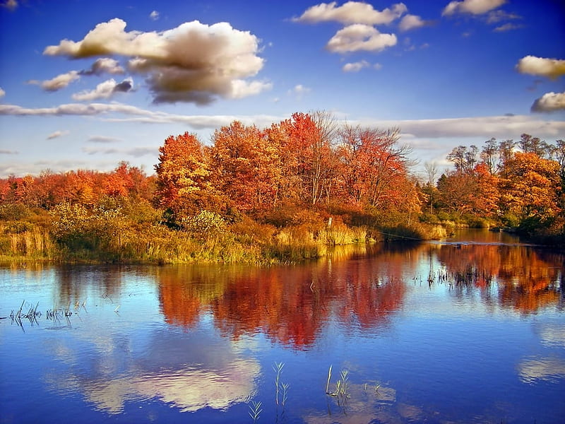 Autumn at the Pocono Mountains in Pennsylvania, Breathtaking, Red, Orange, Sky, Foilage, bonito, Leaves, Reflection, Water, View, Clouds, Lake, Autumn, Blue, Gold, Pocono Mountains, HD wallpaper