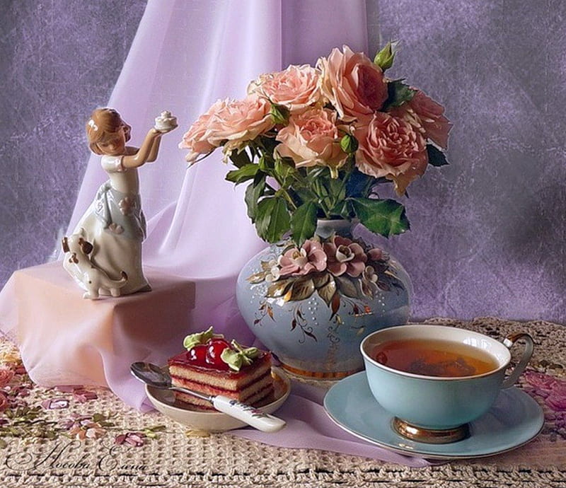 Five o'clock tea and roses, cake, bonito, tea, elegant, floral, still life, five, graphy, flowers, beauty, pink, porcelain, blue, table, lovely, colors, soft, delicate, roses, abstract, purple, cup, nature, figurine, HD wallpaper