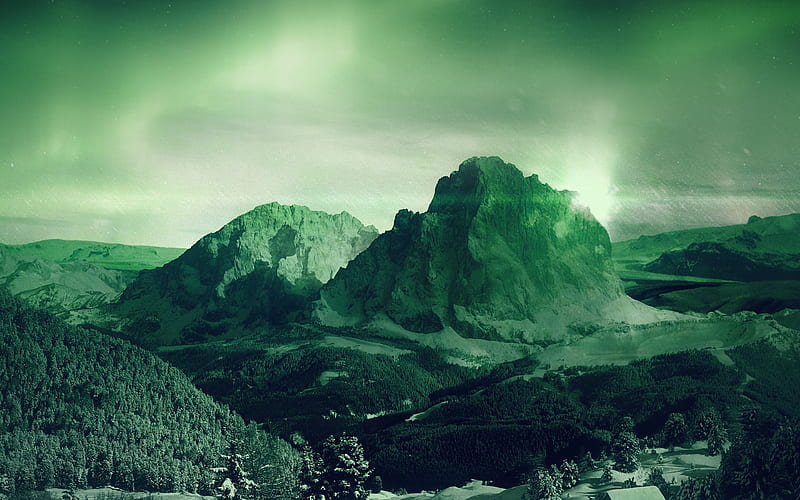 night, sky, mountain, snow, winter, aurora, green, HD wallpaper