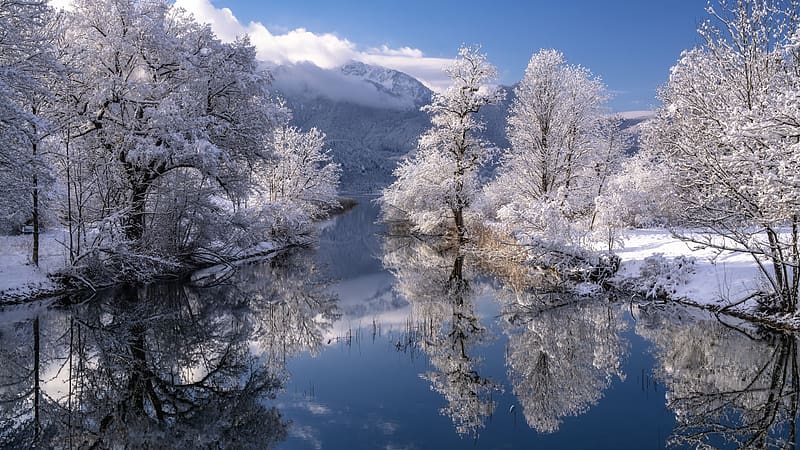 The River Loisach, Bavarian Alps, winter, snow, clouds, trees, germany, sky, water, ice, reflections, HD wallpaper