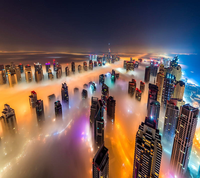 misty city, above, buildings, clouds, colors, fog, glow, lights, mist, view, HD wallpaper