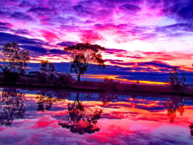 Colorful sky, colorful, bonito, sunset, trees, sky, clouds, lake, sundown, water, purple, summer, nature, river, reflection, pink, blue, HD wallpaper