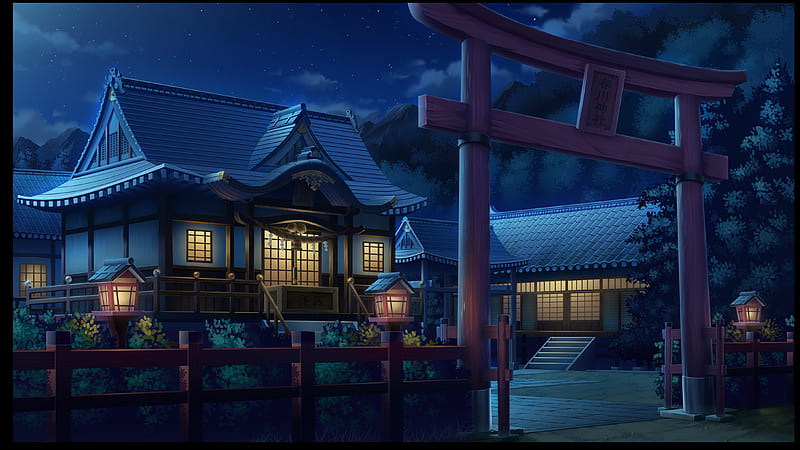 Japanese House, art, gate, house, torii, japanese, japan, anime, shrine, orginal, night, HD wallpaper
