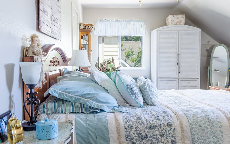 attic, wardrobe, wooden bed, lamps, HD wallpaper
