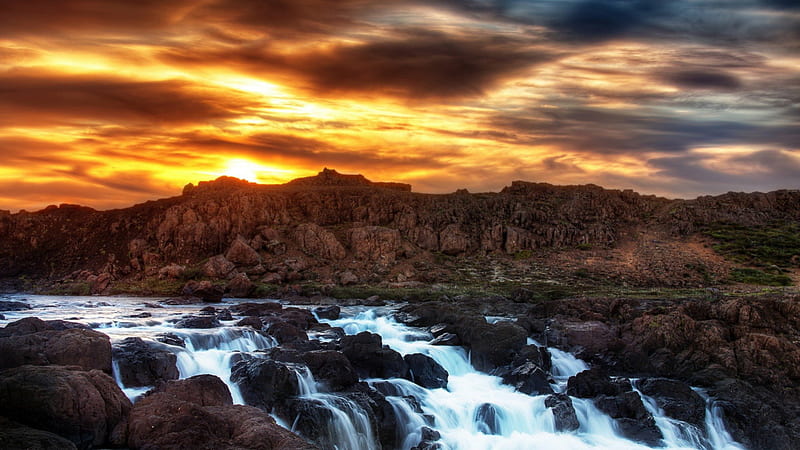 rocky river rapids at sunset, hills, rocks, rapids, river, sunset, HD wallpaper