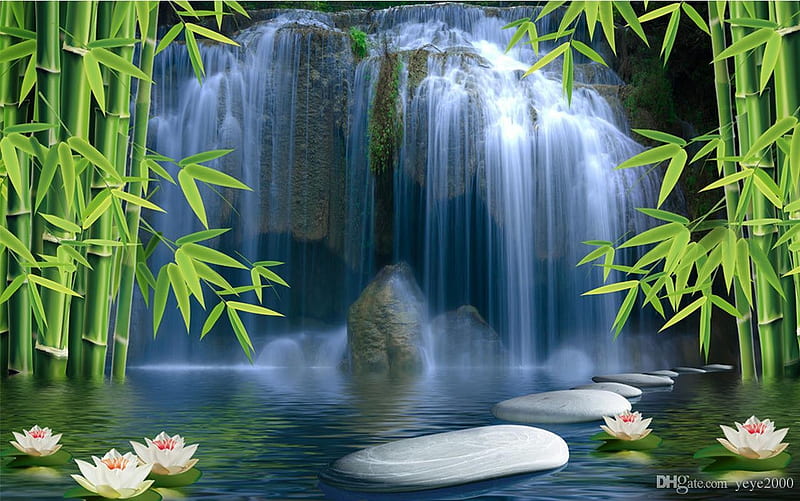Bamboo Waterfall, stones, white, bamboo, waterfalls, mural, HD wallpaper