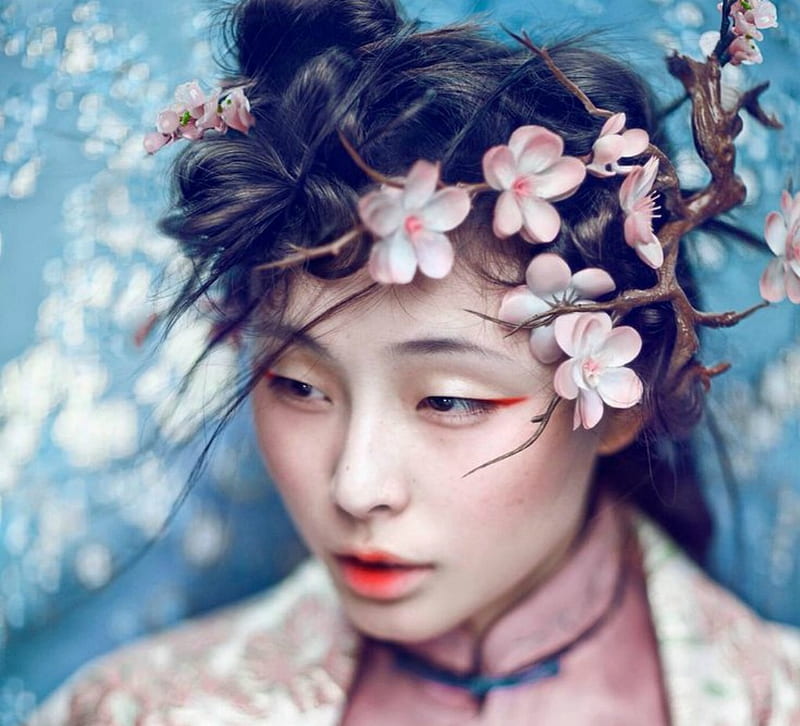 Beauty, model, spring, woman, blossom, girl, asian, face, white, pink, blue, HD wallpaper