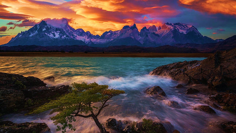 Lake Pehoe, Torres del Paine NP, Chile, water, sunset, clouds, colors, sky, rocks, mountains, HD wallpaper