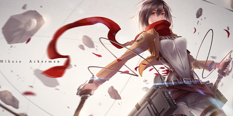 Mikasa Ackerman Red, Anime, Sword, Black Hair, Red Scarf, Short Hair, Attack on Titan, Scarf, Anime Girl, HD wallpaper