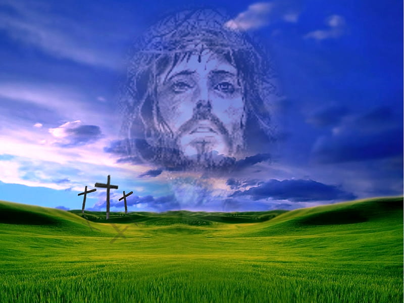 Jesus in the clouds, jesus, crosses, fields, clouds, sky, HD wallpaper