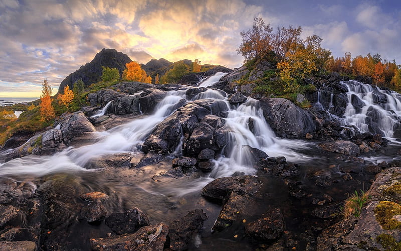 waterfall, autumn, water, rocks, Norway, HD wallpaper