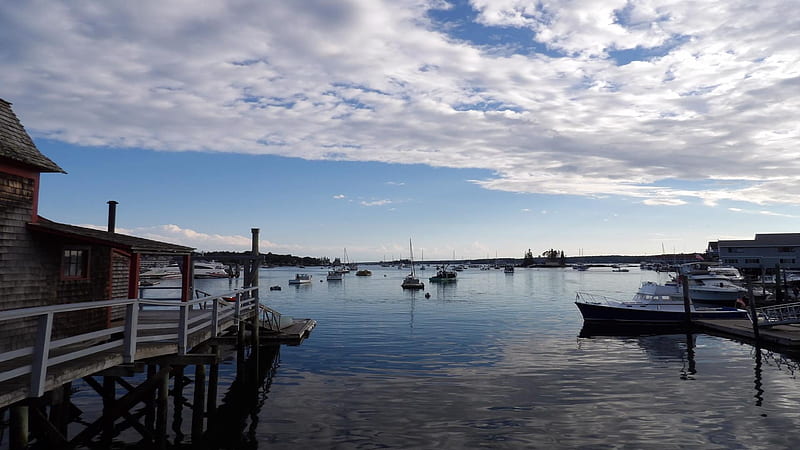 Boothbay Harbor, Maine, sky, ocean, Maine, boats, water, clouds, HD