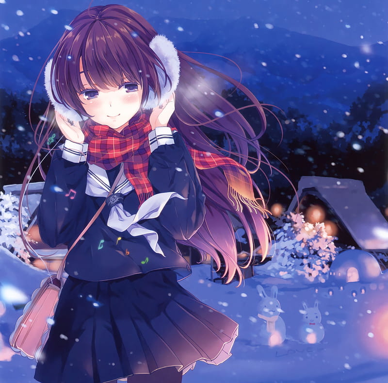 Snow Night, pretty, bonito, adorable, sweet, cold, nice, anime, hot, beauty, anime girl, long hair, female, lovely, brown hair, sexy, winter, cute, kawaii, girl, snow, ze, lady, maiden, HD wallpaper