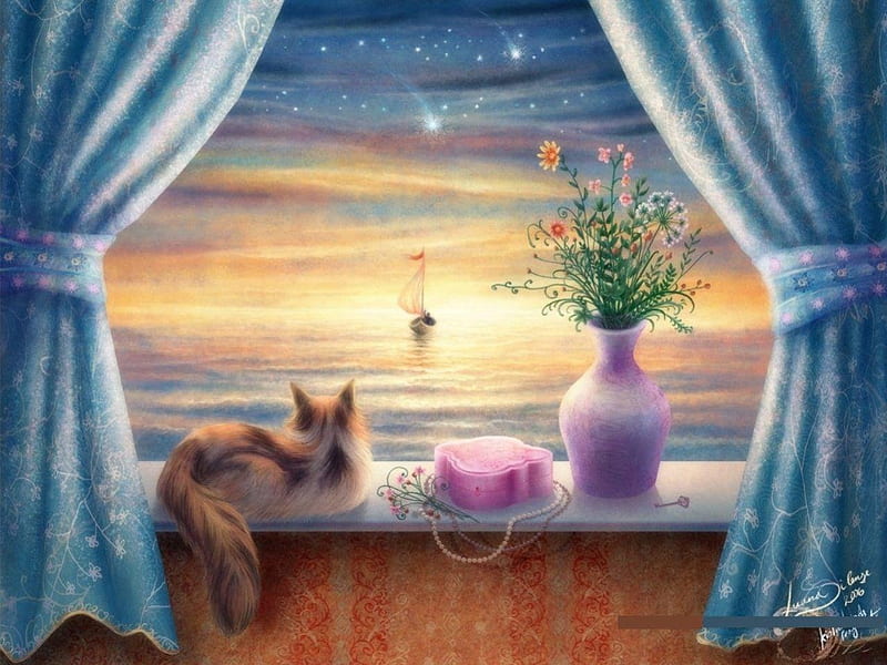 Pictorial art, art, window, sunset, cat, animal, sea, painting, flower, sailboat, HD wallpaper