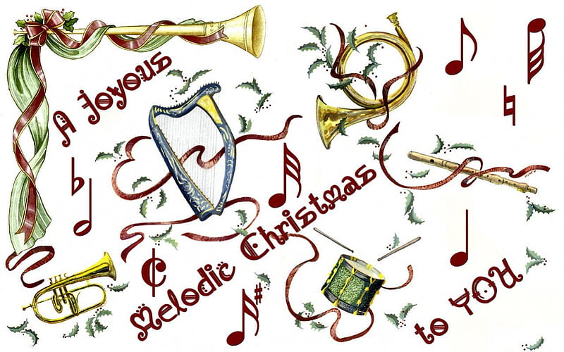 Melodic Christmas 2, Christmas, art, holiday, french horn, trumpet, notes, drum, illustration, artwork, coronet, harp, instruments, wide screen, occasion, HD wallpaper