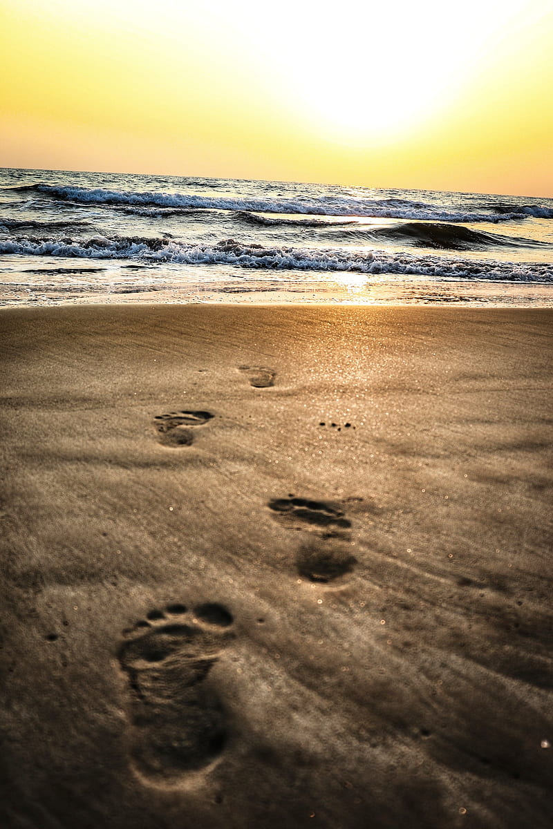 beach, calmness, coast, footsteps, goa, peace, sand, sunset, water, waves, HD phone wallpaper