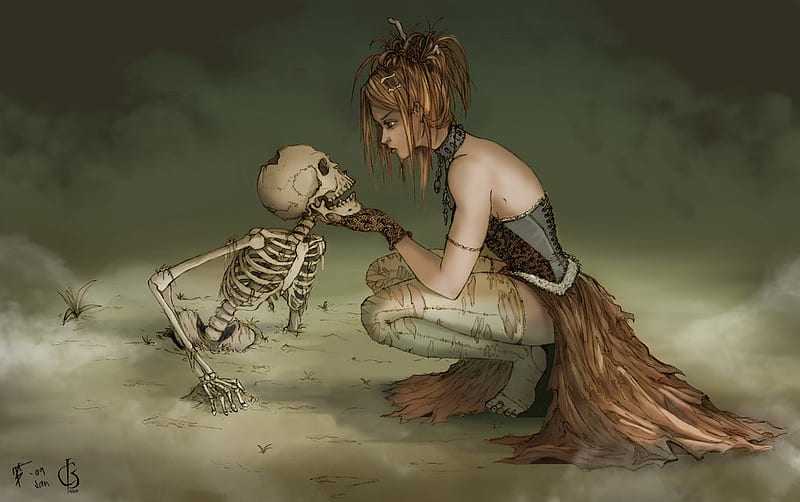 poetic necromancer, hair tied up, dead, dress, skeleton, necromancer, ghotic, face to face, brown hair, beautiful short hair, hair up, sand, resurrection, bones, HD wallpaper