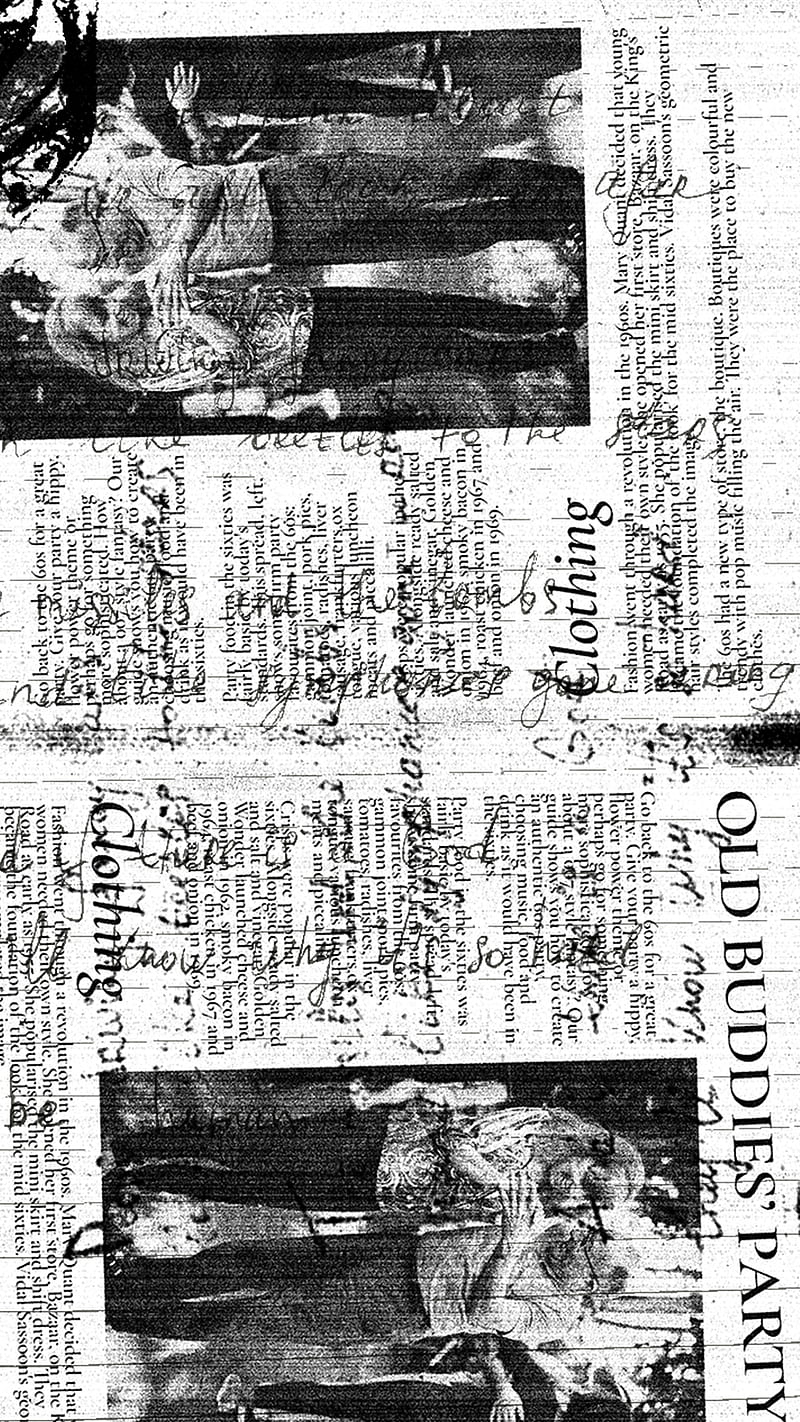 Old Buddies Party, black and white, letters, magazine, newspaper, pattern, retro, text, texture, vintage, HD phone wallpaper