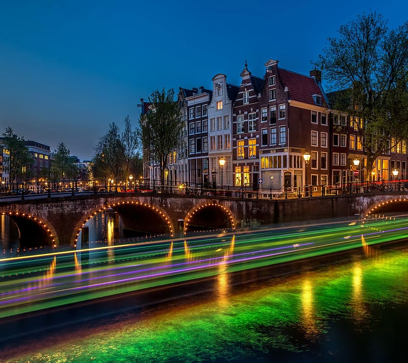 Cities, Night, Building, Light, House, Bridge, Netherlands, Amsterdam, , Time Lapse, Canal, HD wallpaper