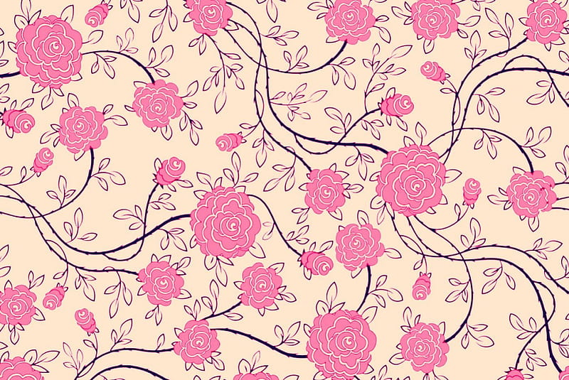 Roses, pattern, art, black, abstract, texture, flower, pink, vector, HD wallpaper