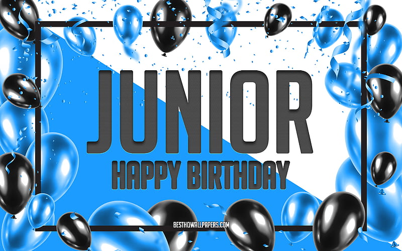 Happy Birtay Junior, Birtay Balloons Background, Junior, with names, Junior Happy Birtay, Blue Balloons Birtay Background, greeting card, Junior Birtay, HD wallpaper