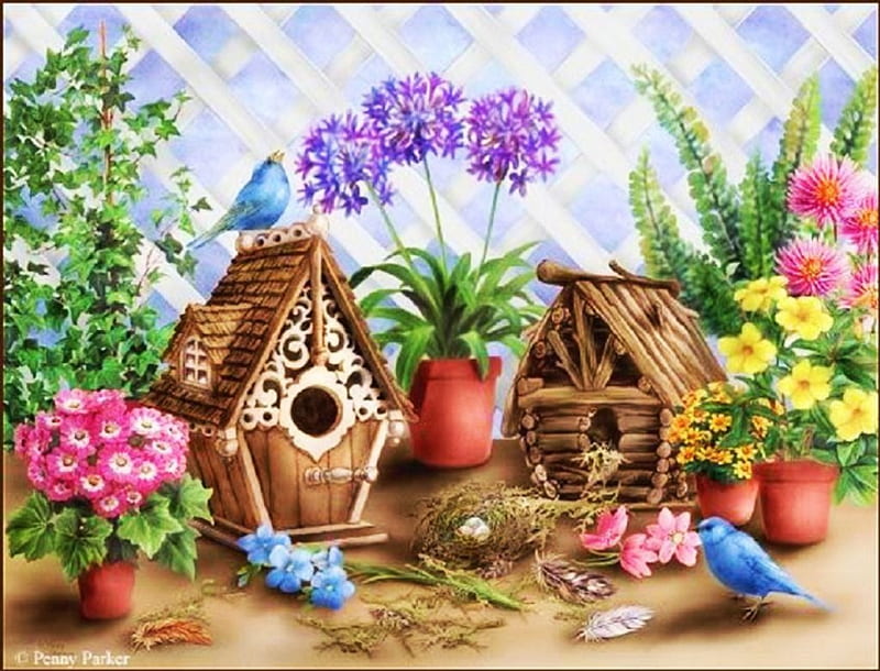 Casa del pájaro, macetas, pájaro, flores, flores, obra de arte, Fondo de  pantalla HD | Peakpx