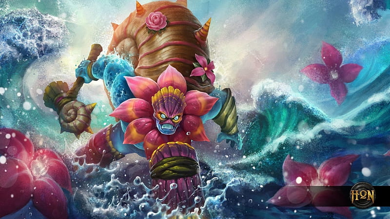 Songkran Tidal Magmus, art, Heroes of Newerth, game, sea, wave, fantasy, pink, creature, blue, HD wallpaper