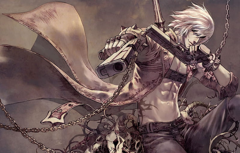 Dante, games, white hair, video games, capcom, devil may cry, guns, thorns,  anime, HD wallpaper