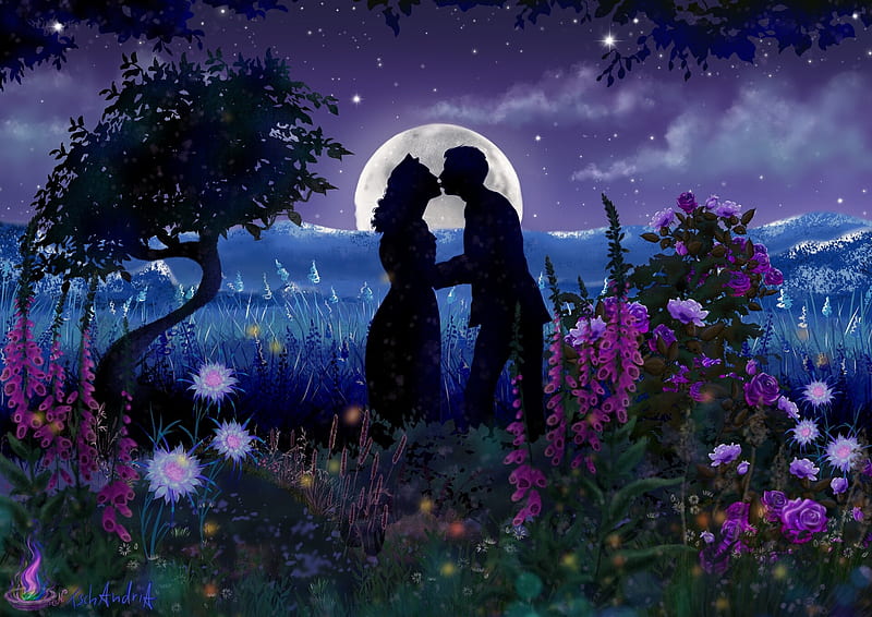 Night garden kiss, silhouette, kiss, couple, night, moon, tschandria, valentine, lovers, moon, purple, flower, garden, blue, HD wallpaper