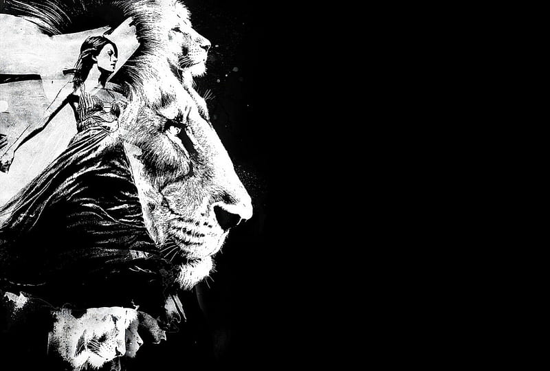 On the Lion, black, white, abstract, woman, lion, animal, HD wallpaper