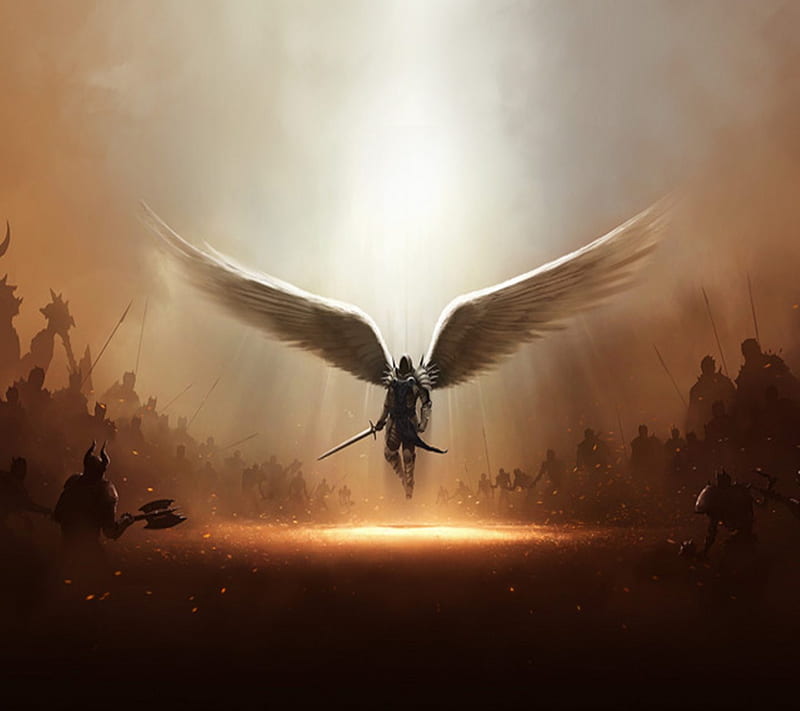 Warrior Angel, angel, fantasy, moon, sun, warrior, wings, HD wallpaper