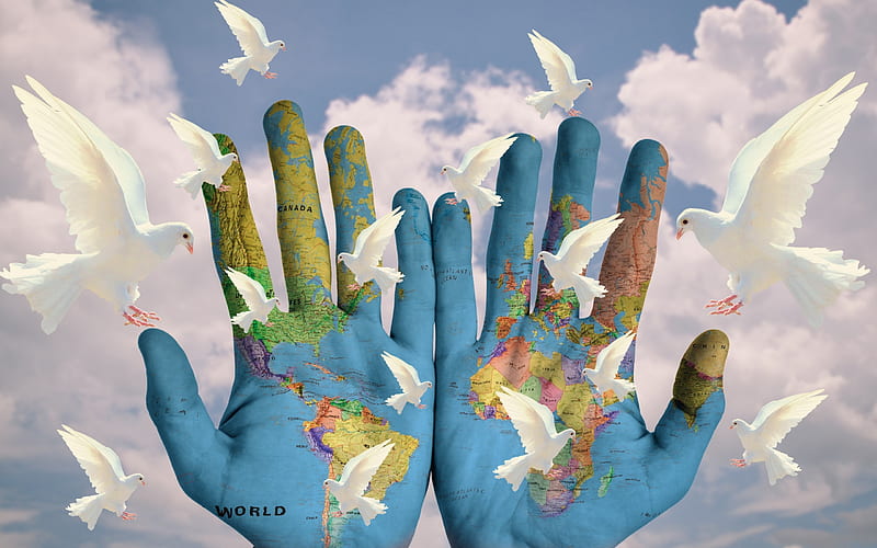 Earth map on hands, white doves, Save the Earth, ecology concepts, environment, map of the Earth, hands, HD wallpaper