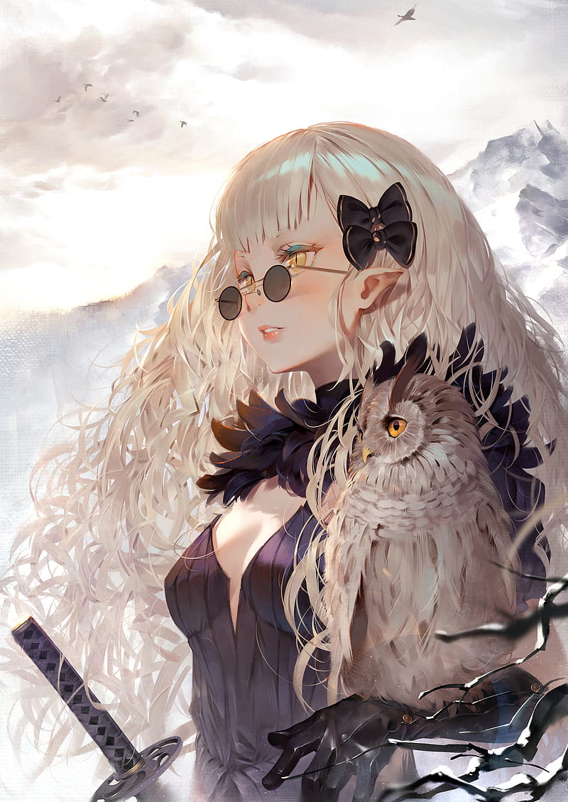 anime girls, original characters, artwork, digital art, 2D, illustration, drawing, digital painting, fantasy art, fantasy girl, women, women with glasses, looking away, blonde, long hair, cleavage, mountains, owl, birds, katana, gloves, pointy ears, portrait, portrait display, anime, clouds, Chika Toriumi, blushing, hair bows, HD phone wallpaper