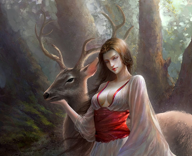 Diana, horns, deer, red, art, forest, cerb, luminos, goddess, lin qian, fantasy, girl, HD wallpaper