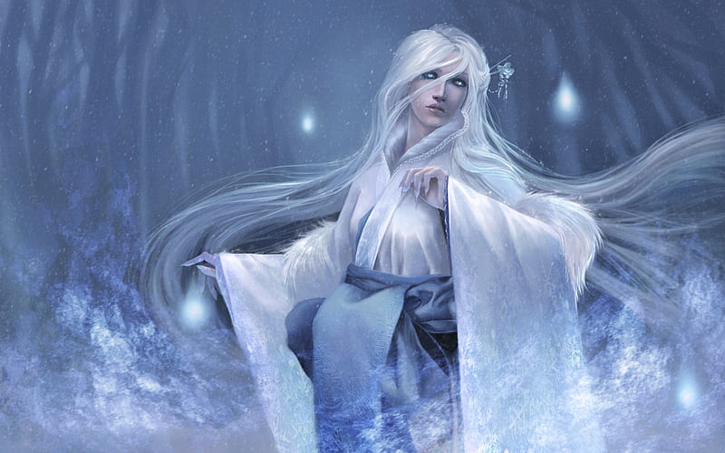 Yuki-Onna, fantasy, luminos, girl, white, yukionna, blue, winter, HD wallpaper