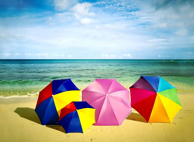 Colors of Summer, umbrellas, sunshine, clouds, sea, HD wallpaper | Peakpx