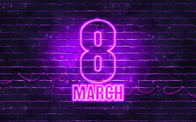 8 March violet sign violet brickwall, International Womens Day, artwork, 8th of March, 8 March neon symbol, 8 March, HD wallpaper