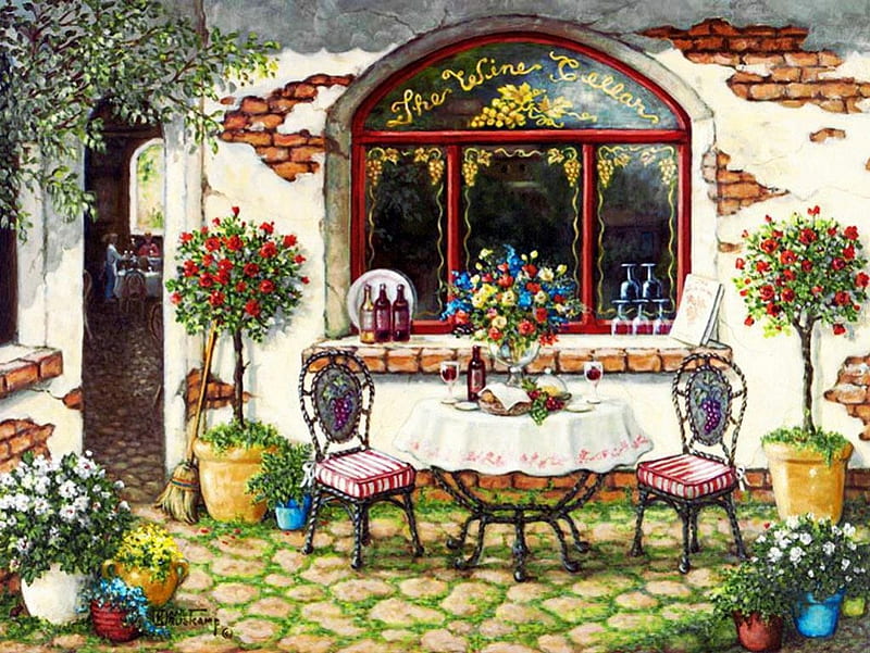 The Wine Cellars, table, still life, window, plants, chairs, flowers, artwork, HD wallpaper