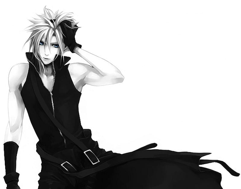 Cloud Strife, ff7, games, final fantasy 7, black and white, video games, white background, final fantasy series, spiky hair, anime, blue eyes, cloud, male, final fantasy dissidia, final fantasy vii, dissidia, plain background, HD wallpaper