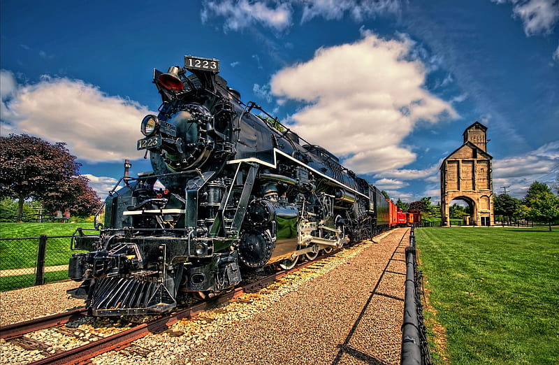 steam train, locomotive, steam, train, grass, HD wallpaper