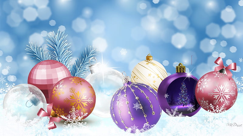 Pink and Purple on Blue, pink, winter, Firefox theme, Christmas, holiday, Feliz Navidad, lavender, decorate, bokeh, snow, pine, purple, decorations, HD wallpaper