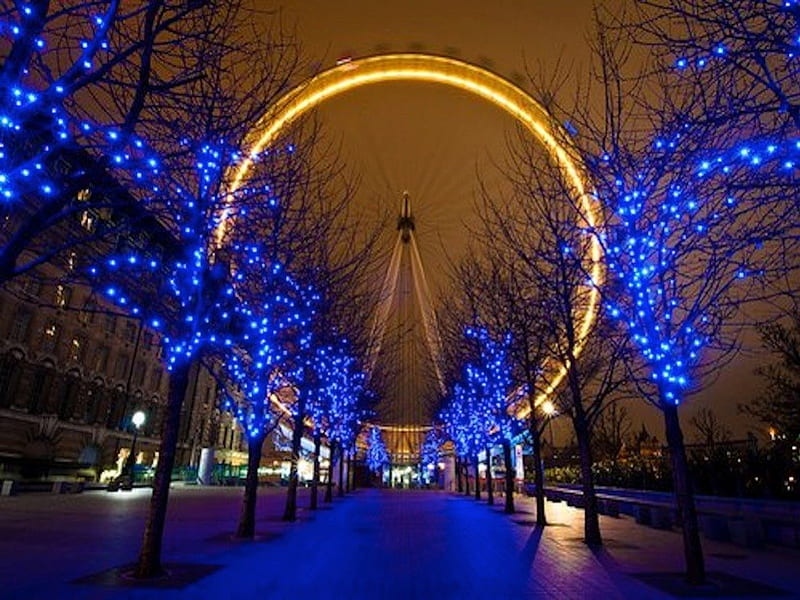 The London Eye at Night, red eye, london, ride, ferris wheel, lights, blue, night, HD wallpaper