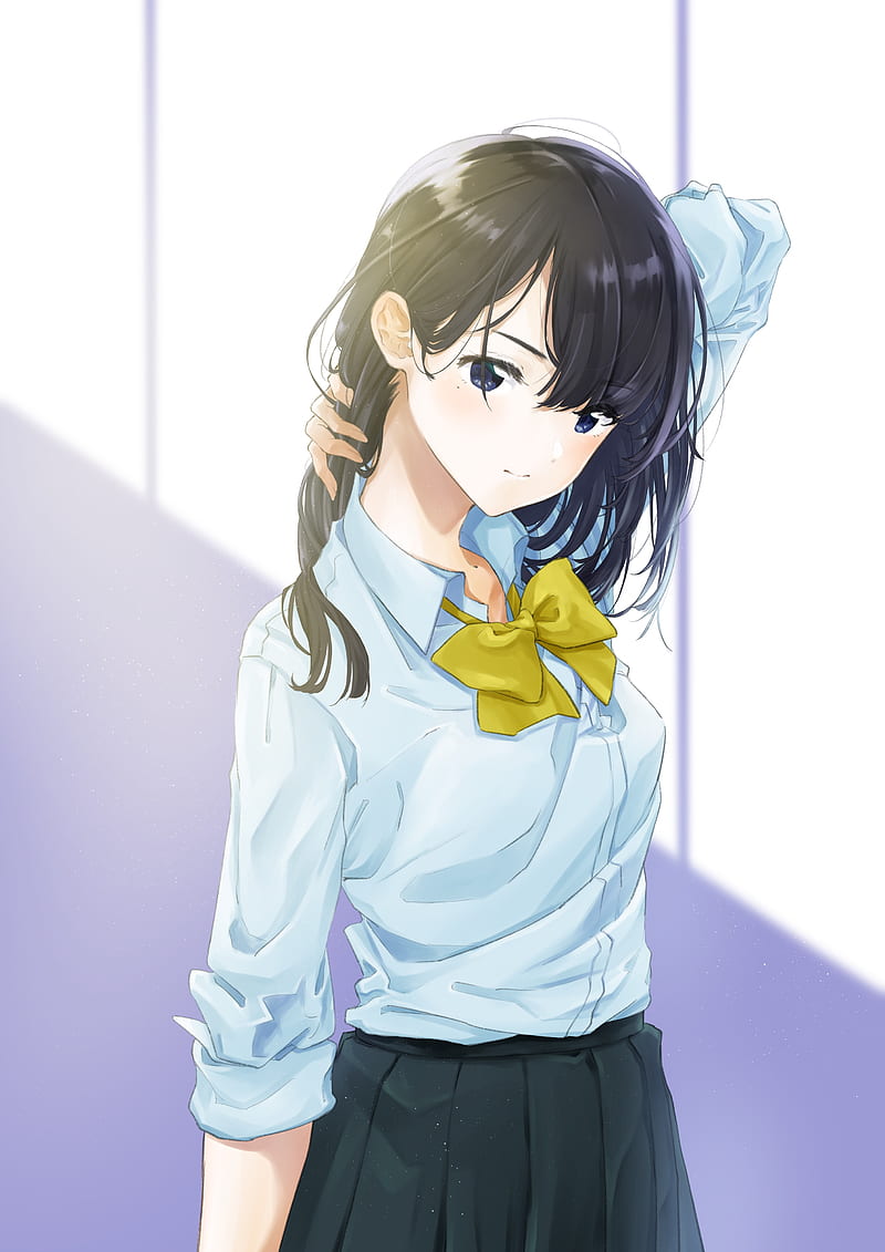 anime school girl, black hair, cool, ribbon, sunlight, Anime, HD phone wallpaper