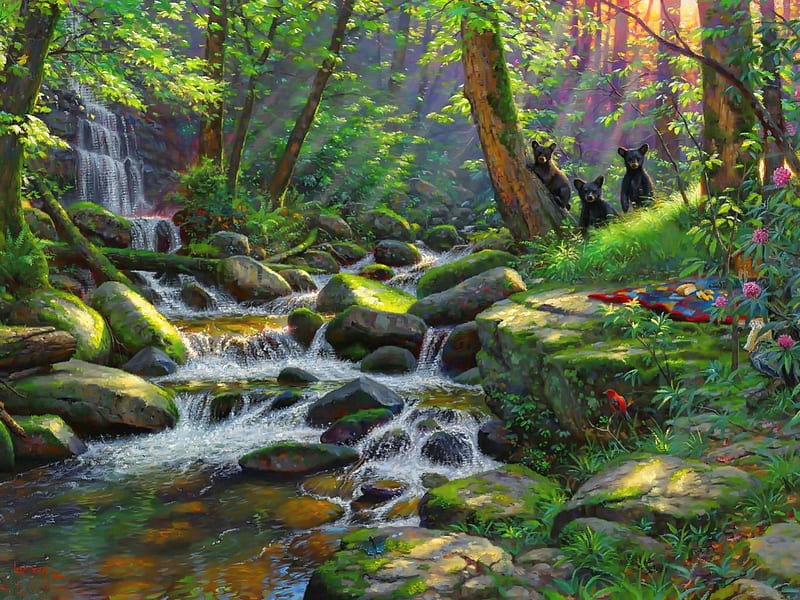 Summer day in the forest, stream, family, glow, shine, bonito, calm, painting, waterfall, art, rest, forest, quiet, lovely, trees, serenity, rays, summer, day, nature, bears, HD wallpaper