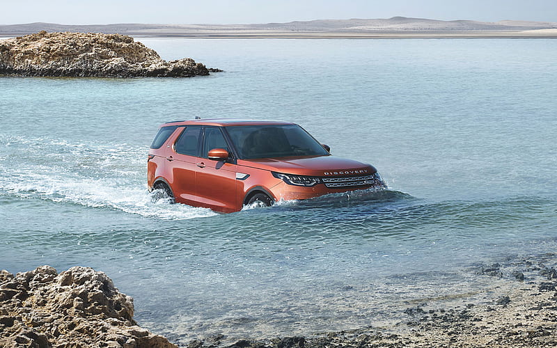 Land Rover Discovery, 2018, riding on the river, orange SUV, new orange Discovery, British cars, Land Rover, HD wallpaper