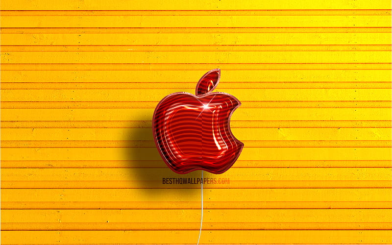 Apple logo red realistic balloons, brands, Apple 3D logo, yellow wooden backgrounds, Apple, HD wallpaper