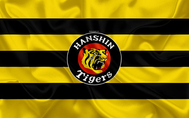 Hanshin Tigers Japanese baseball team, logo, silk texture, NPB, yellow black flag, Nishinomiya, Hyogo, japan, baseball, Nippon Professional Baseball, HD wallpaper